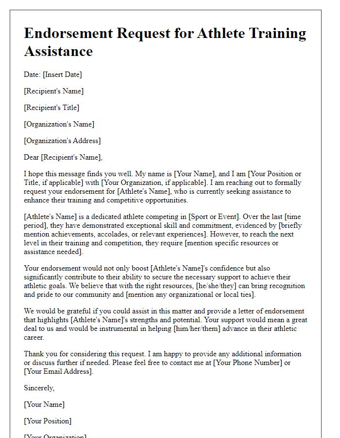 Letter template of endorsement request for athlete training assistance