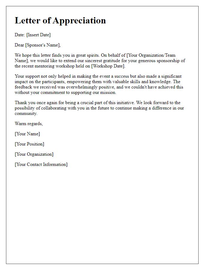 Letter template of appreciation for mentoring workshop sponsorship