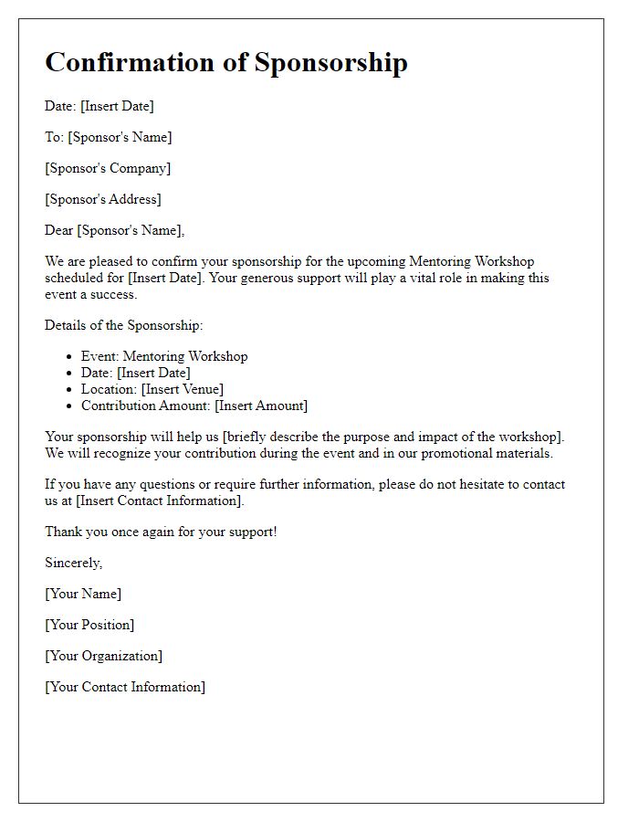 Letter template of confirmation for mentoring workshop sponsorship