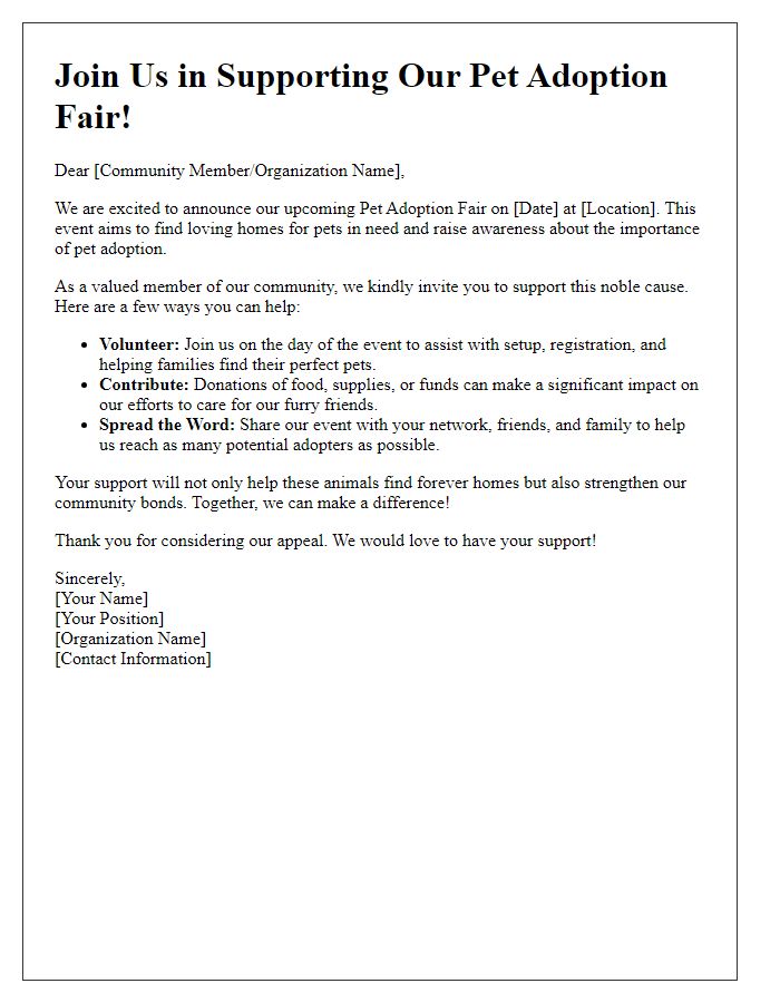 Letter template of community support appeal for pet adoption fair