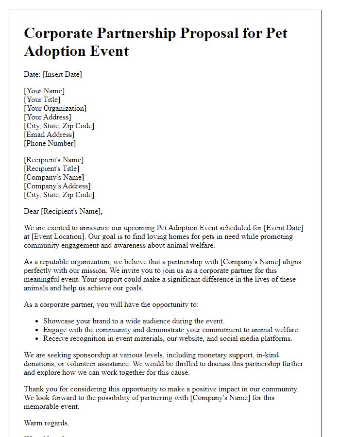 Letter template of corporate partnership proposal for pet adoption event