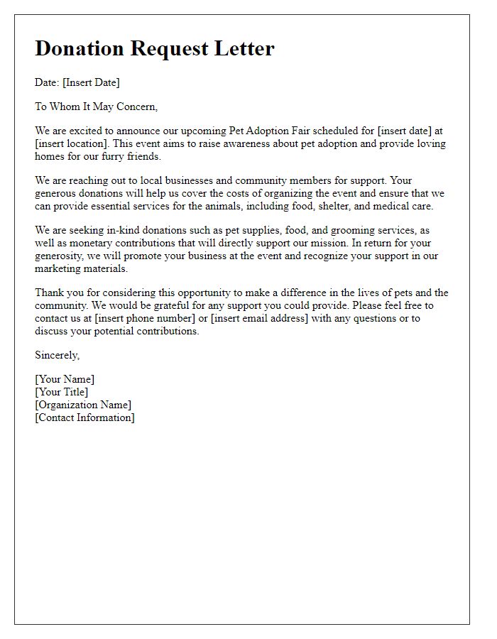 Letter template of donations request for pet adoption fair