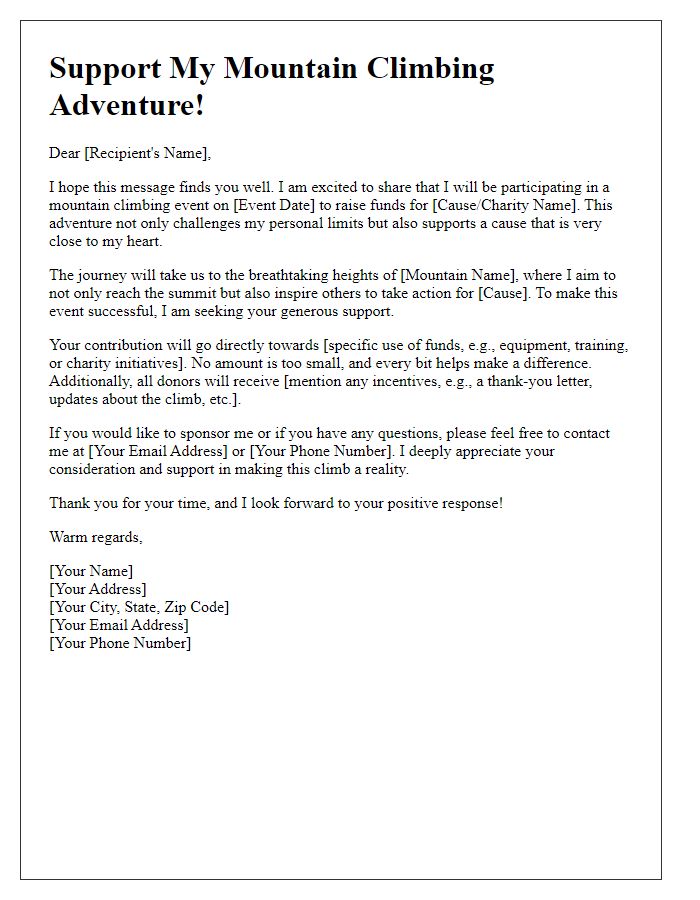 Letter template of appeal for support in mountain climbing event.