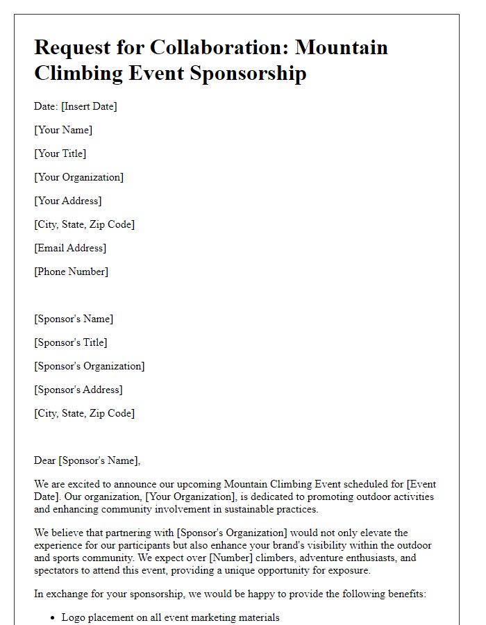 Letter template of collaboration request for mountain climbing event sponsorship.