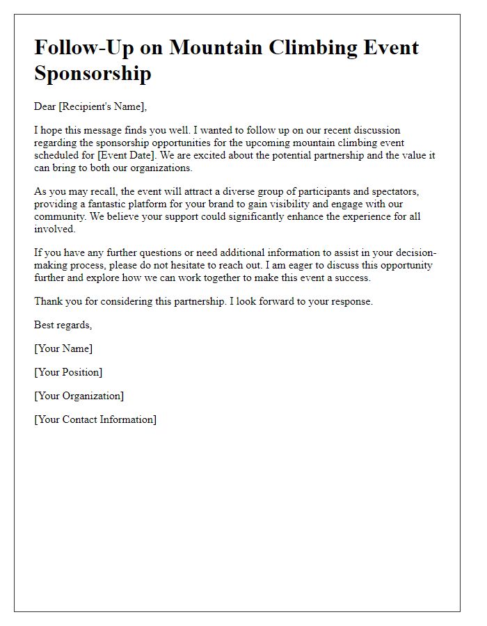 Letter template of follow-up on mountain climbing event sponsorship discussion.