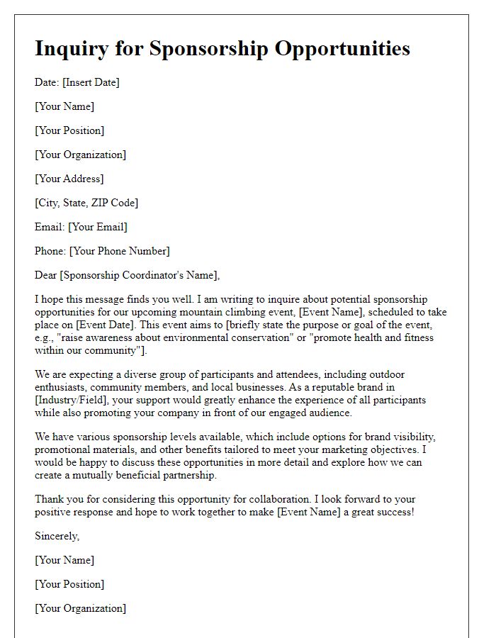 Letter template of inquiry for mountain climbing event sponsorship opportunities.