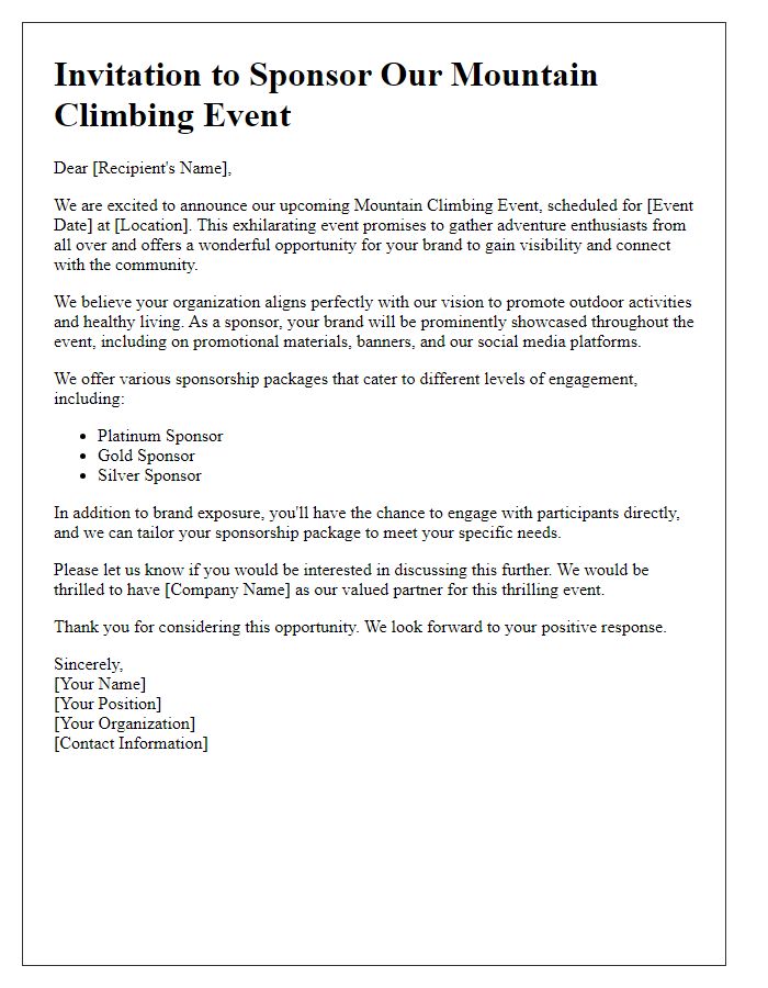 Letter template of invitation for mountain climbing event sponsorship participation.