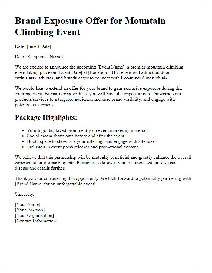 Letter template of offer for brand exposure at mountain climbing event.