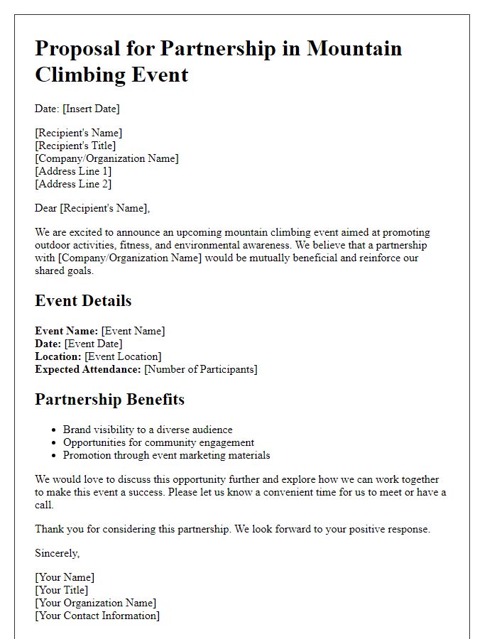 Letter template of proposal for mountain climbing event partnership.