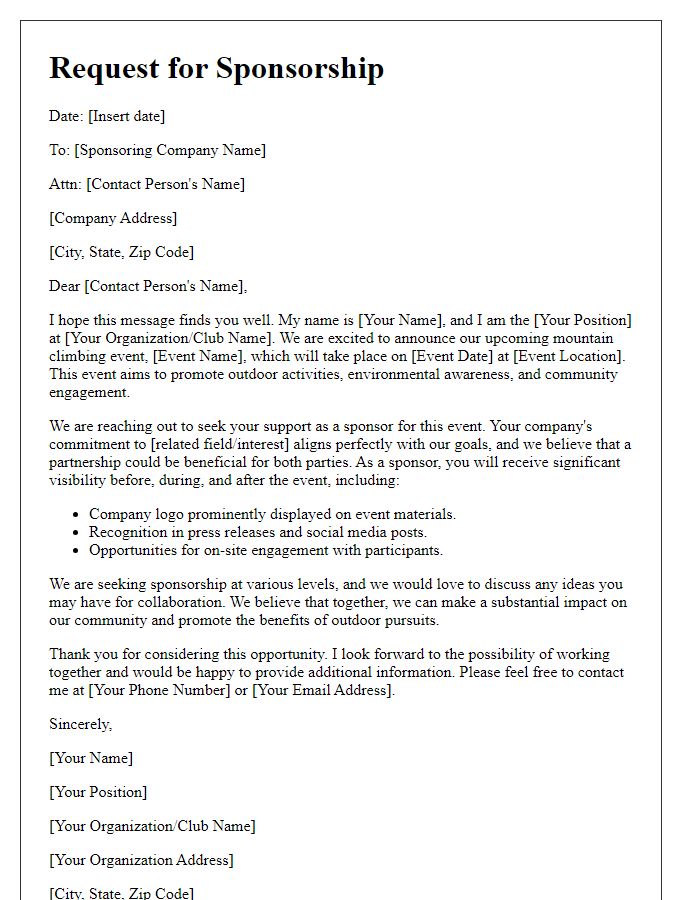 Letter template of request for mountain climbing event sponsorship.