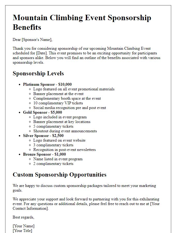 Letter template of sponsorship benefits outline for mountain climbing event.