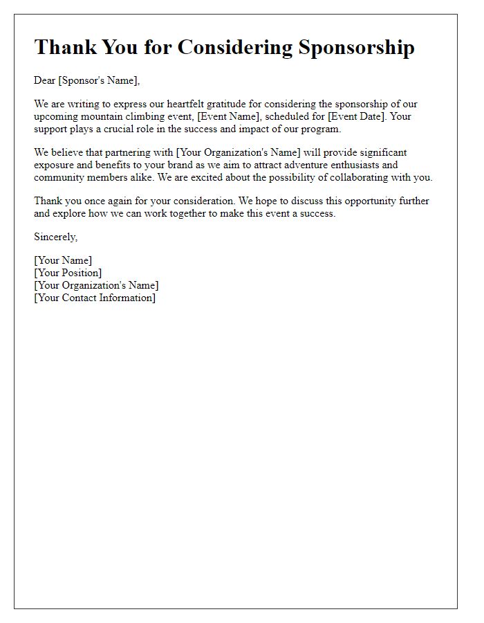 Letter template of thank you for considering mountain climbing event sponsorship.