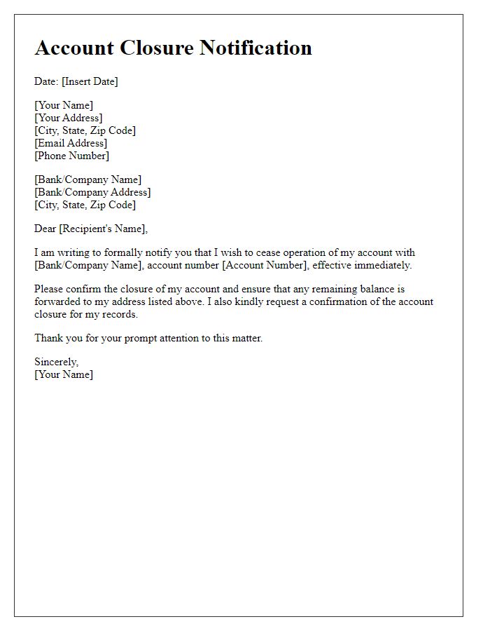 Letter template of account ceasing operation