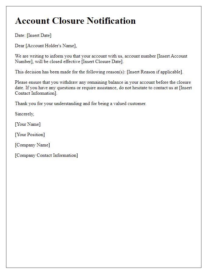 Letter template of account closure notification