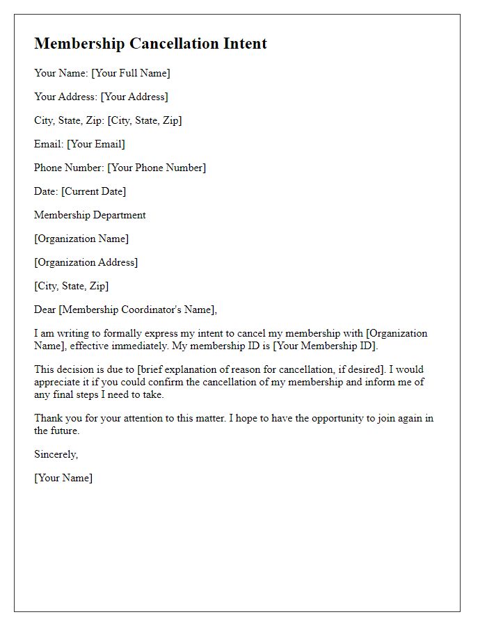 Letter template of membership cancellation intent