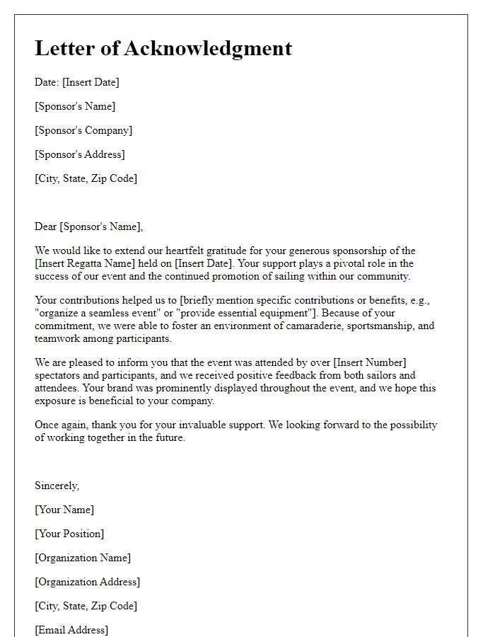 Letter template of sailing regatta sponsorship acknowledgment