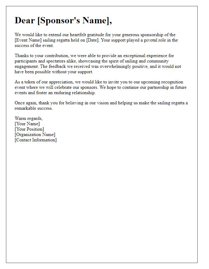 Letter template of sailing regatta sponsorship appreciation