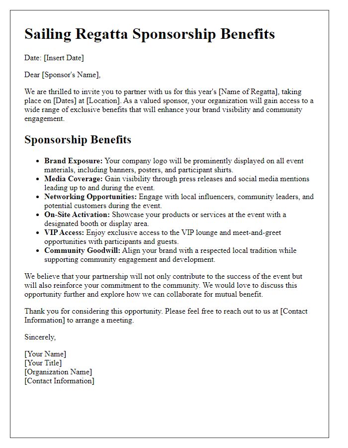 Letter template of sailing regatta sponsorship benefits