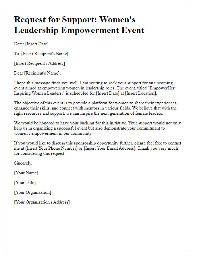 Letter template of backing request for women's leadership empowerment event.