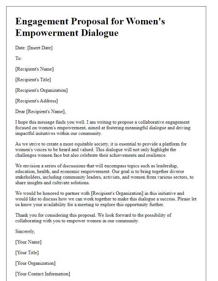 Letter template of engagement proposal for women's empowerment dialogue.