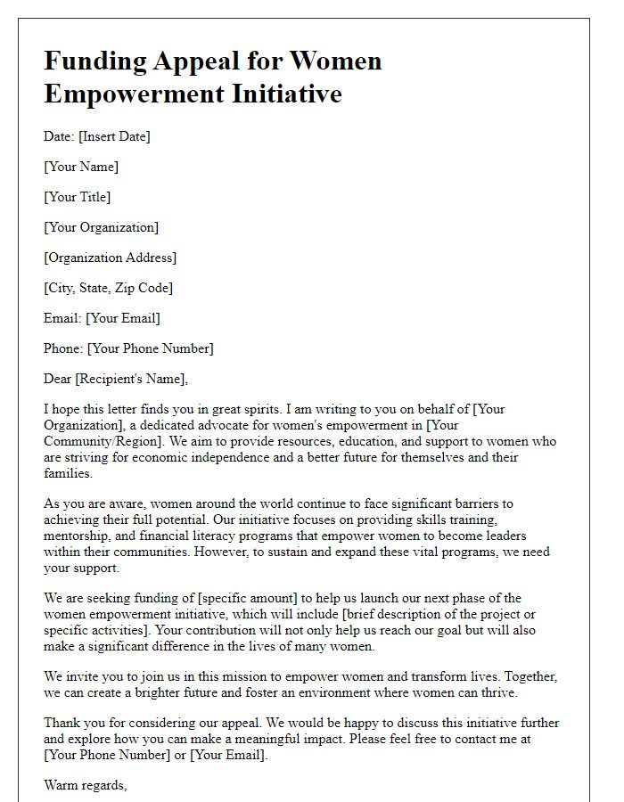 Letter template of funding appeal for women empowerment initiative.