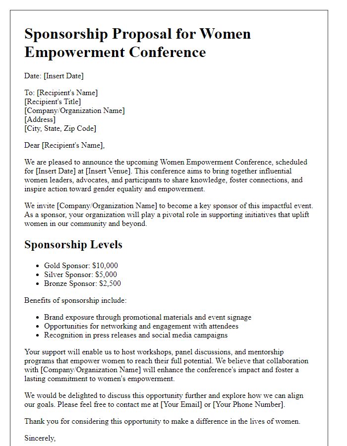 Letter template of sponsorship proposal for women empowerment conference.