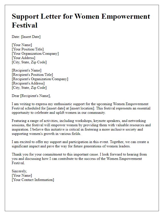 Letter template of support letter for women empowerment festival.