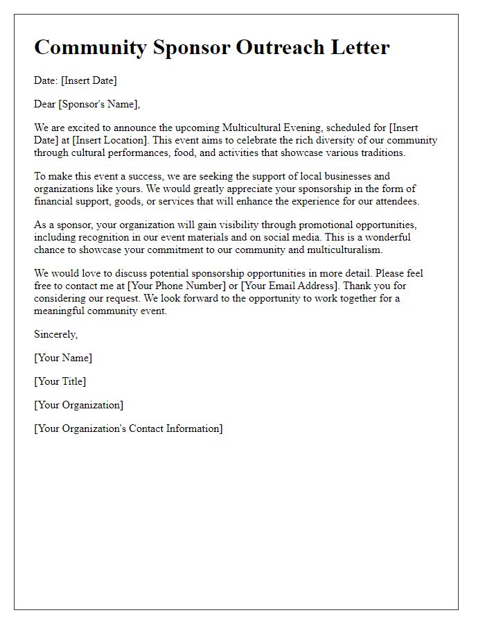 Letter template of community sponsor outreach for multicultural evening