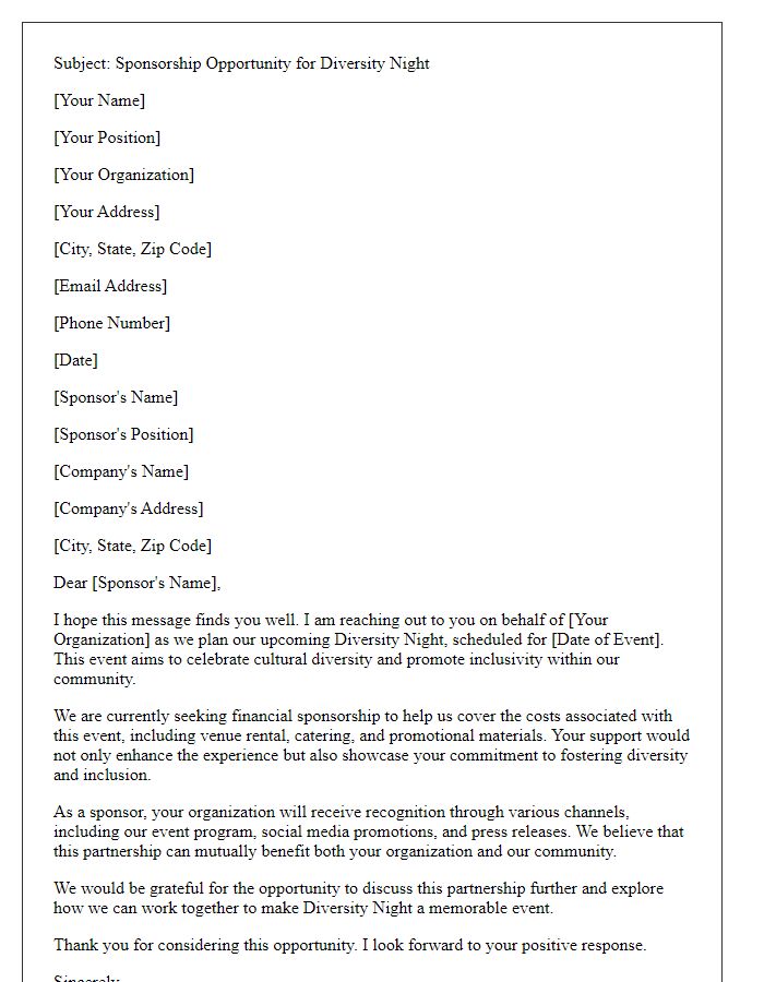 Letter template of financial sponsorship inquiry for diversity night