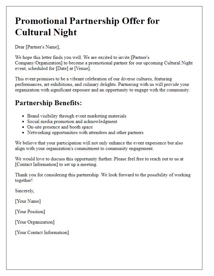 Letter template of promotional partnership offer for cultural night