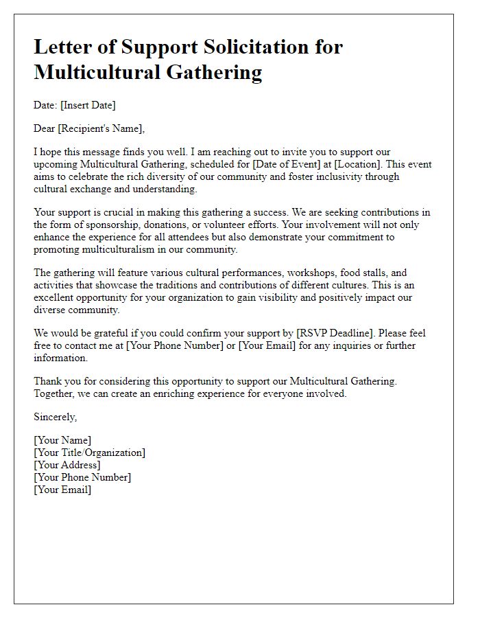 Letter template of support solicitation for multicultural gathering