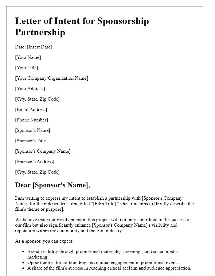 Letter template of intent for independent film sponsorship partnership