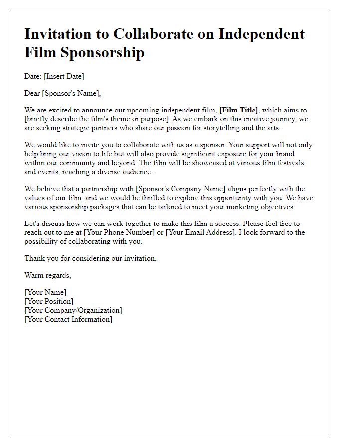 Letter template of invitation for independent film sponsorship collaboration