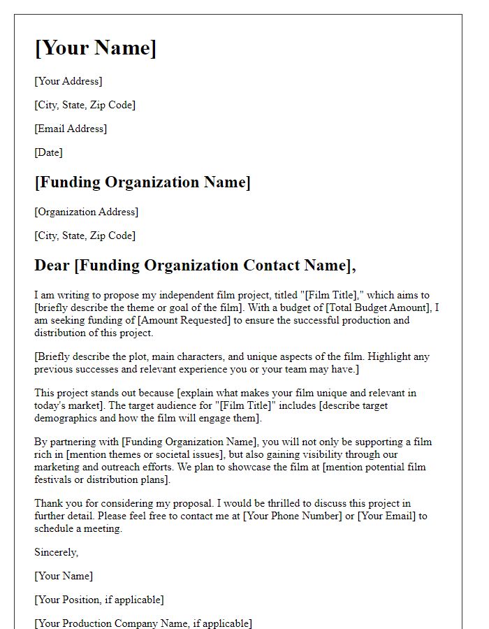 Letter template of proposal for independent film funding