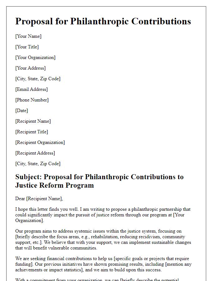 Letter template of proposal for philanthropic contributions to a justice reform program