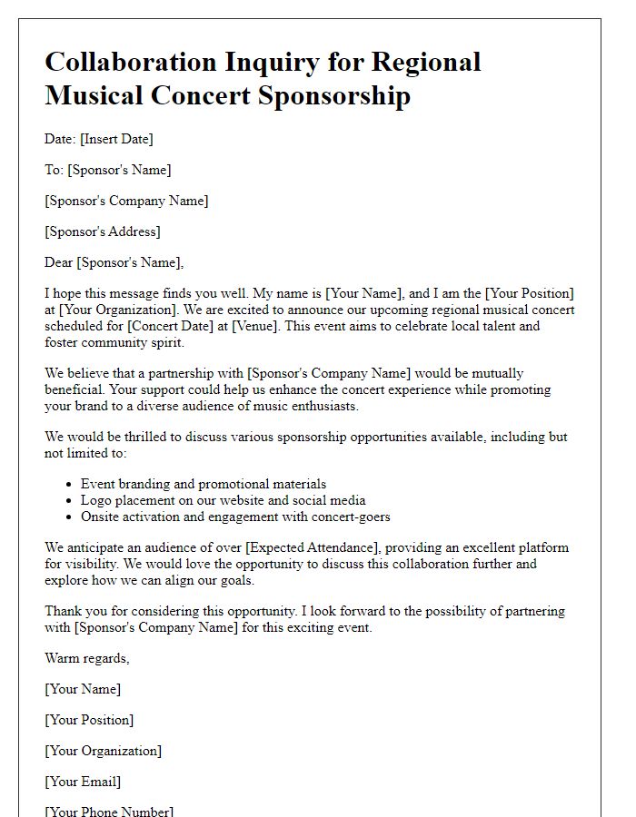 Letter template of collaboration inquiry for regional musical concert sponsorship.