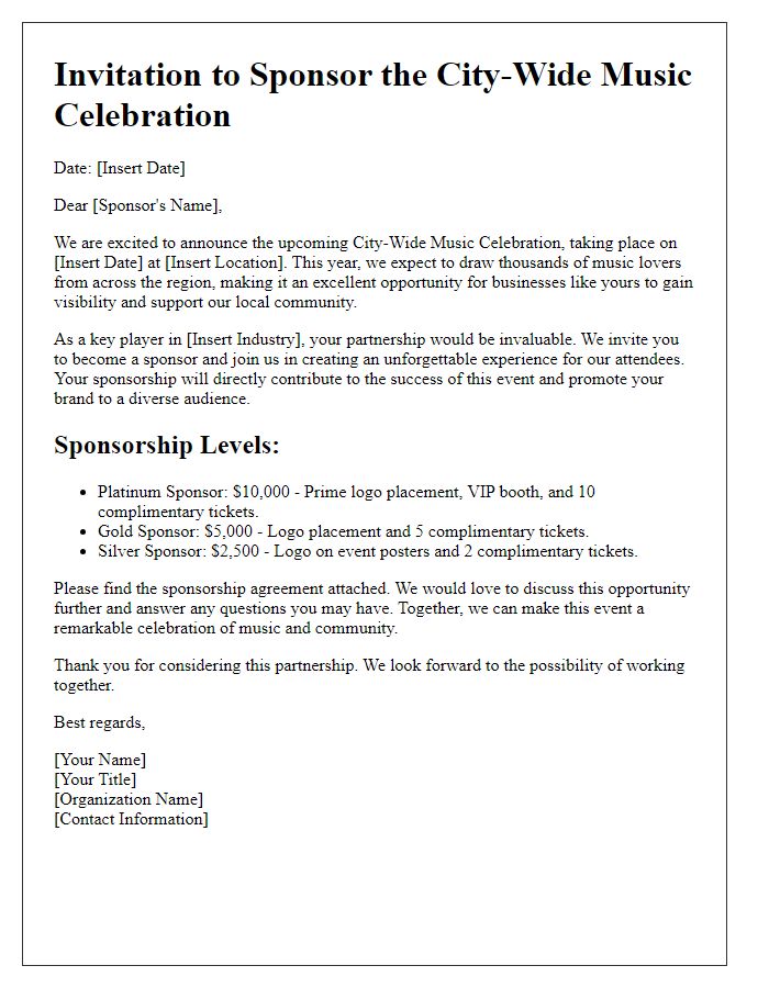 Letter template of corporate sponsorship invitation for city-wide music celebration.