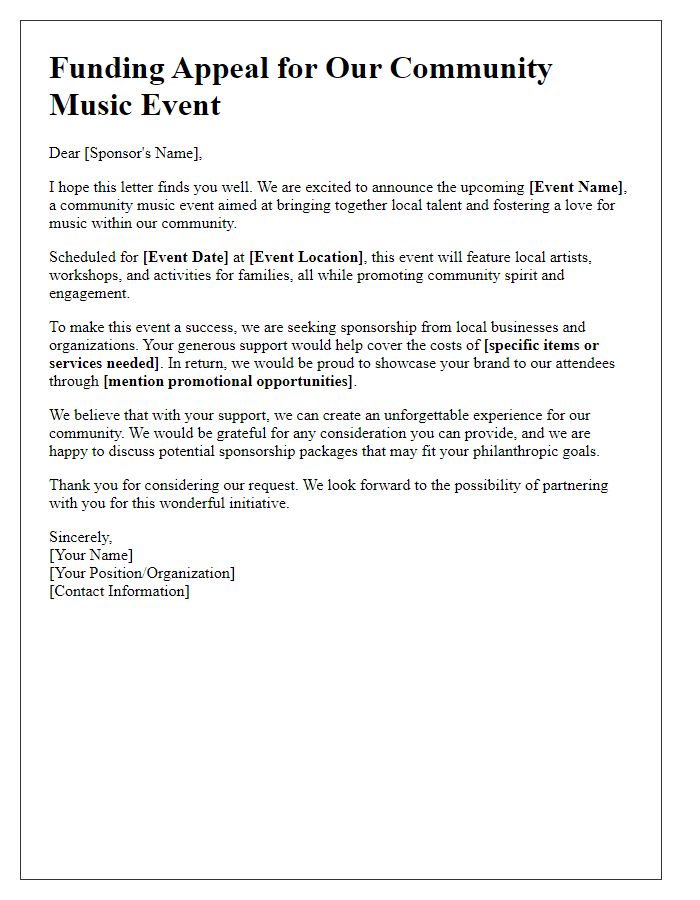 Letter template of funding appeal for community music event sponsorship.