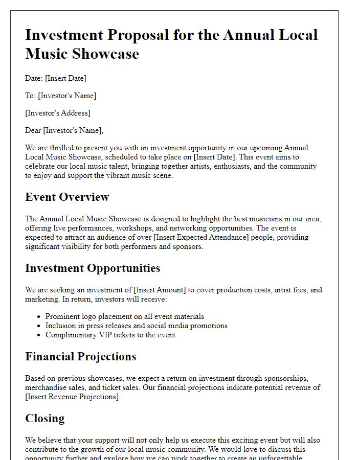 Letter template of investment proposal for annual local music showcase.