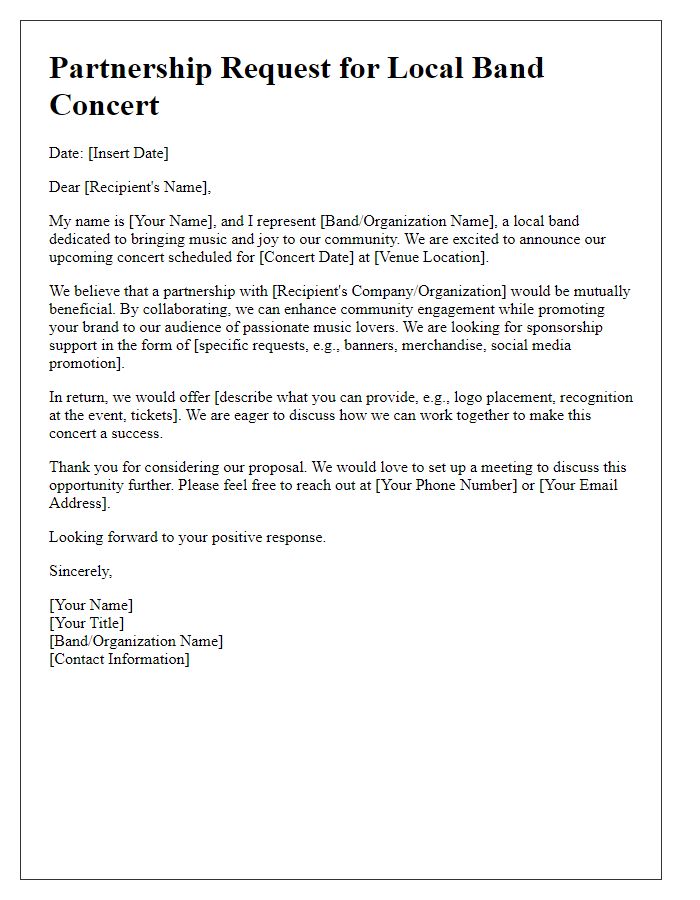 Letter template of promotional partnership request for local band concert.