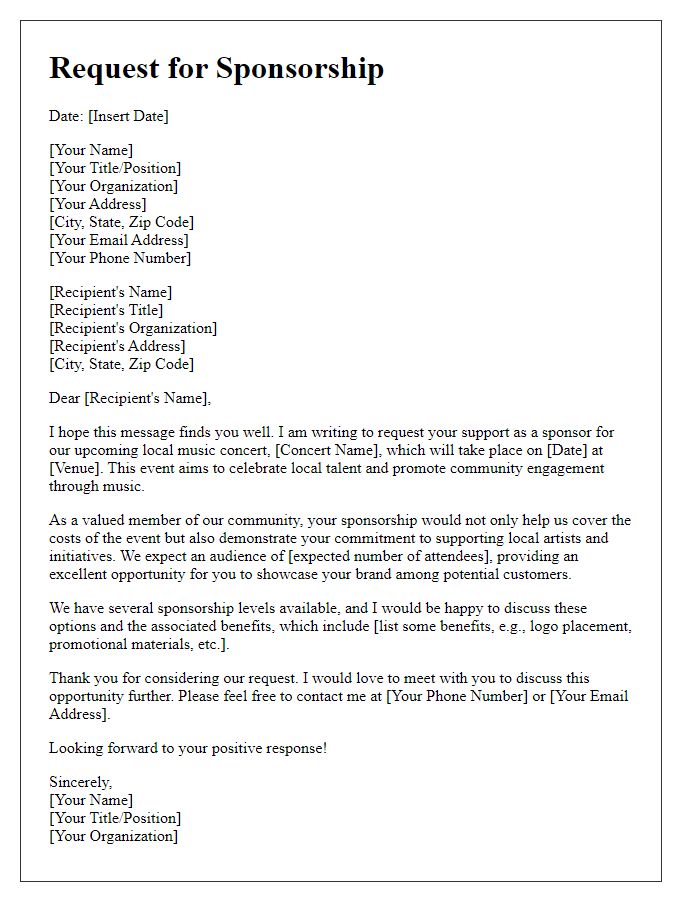 Letter template of sponsorship request for local music concert participation.