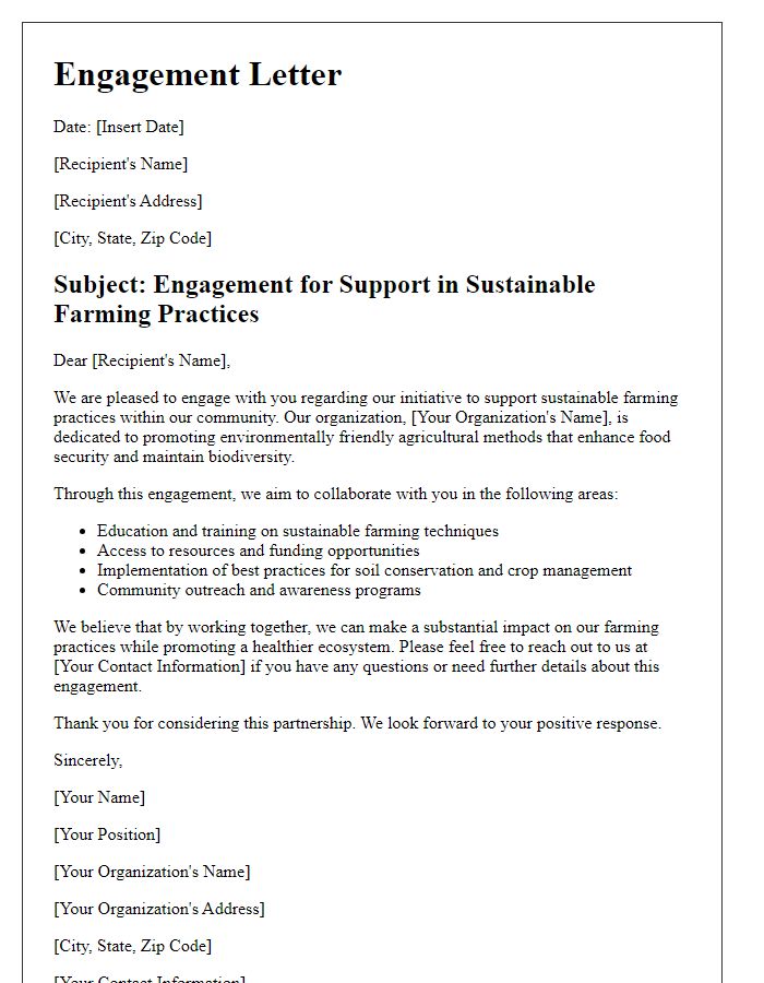 Letter template of engagement for support in sustainable farming practices