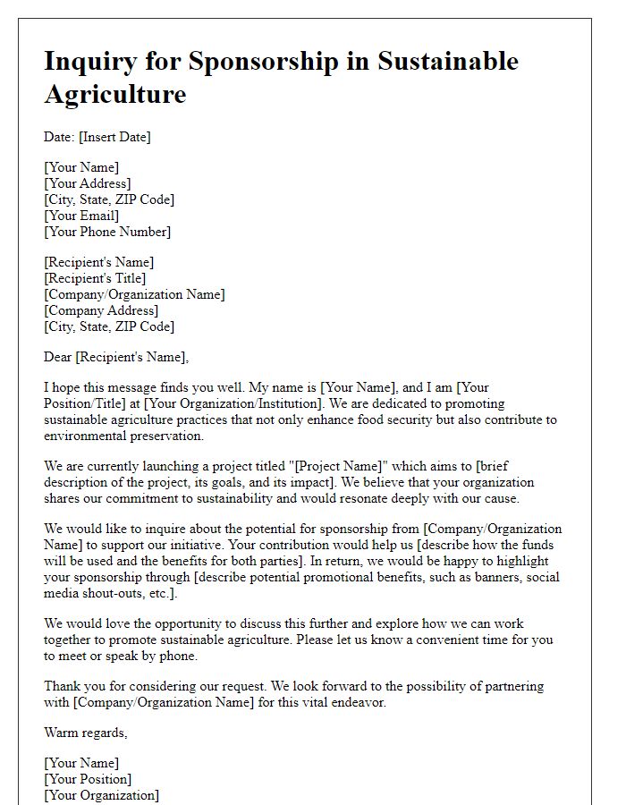 Letter template of inquiry for sponsorship in sustainable agriculture