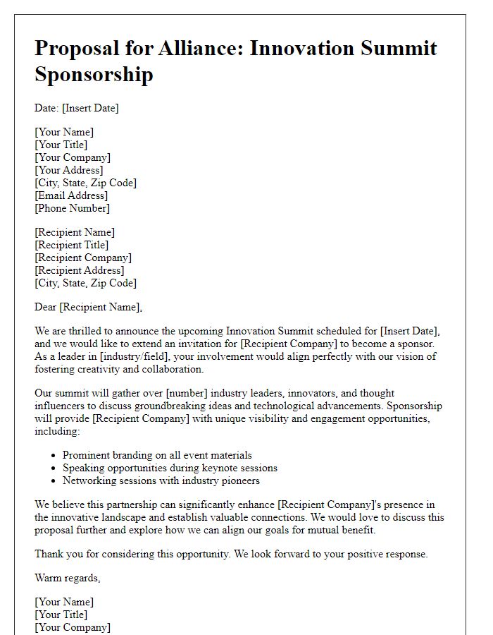 Letter template of alliance proposal for innovation summit sponsorship.