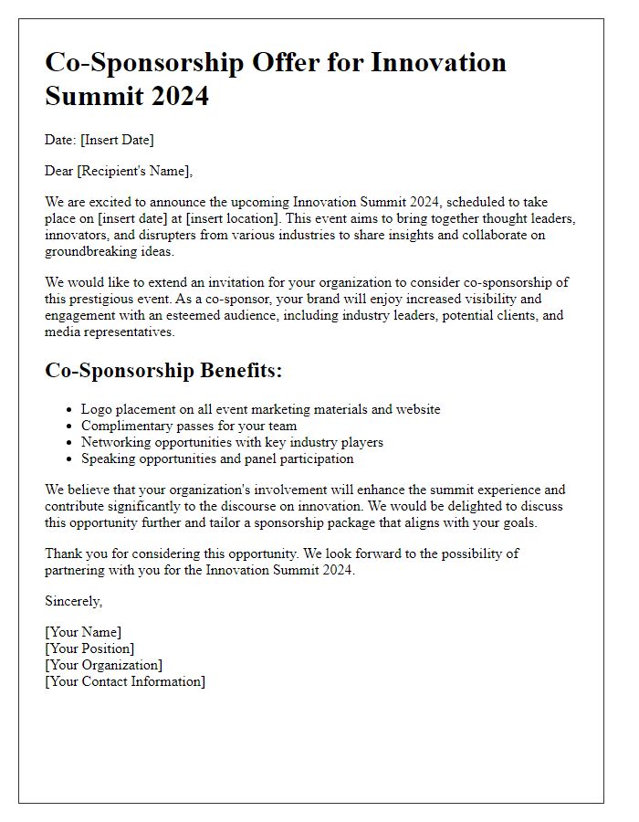 Letter template of co-sponsorship offer for innovation summit events.