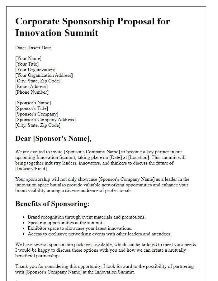 Letter template of corporate sponsorship proposal for innovation summit.