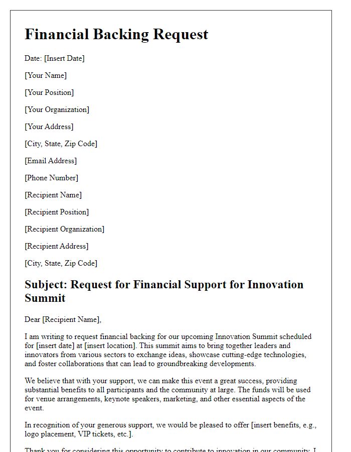 Letter template of financial backing request for innovation summit.