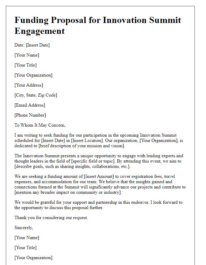 Letter template of funding proposal for innovation summit engagement.