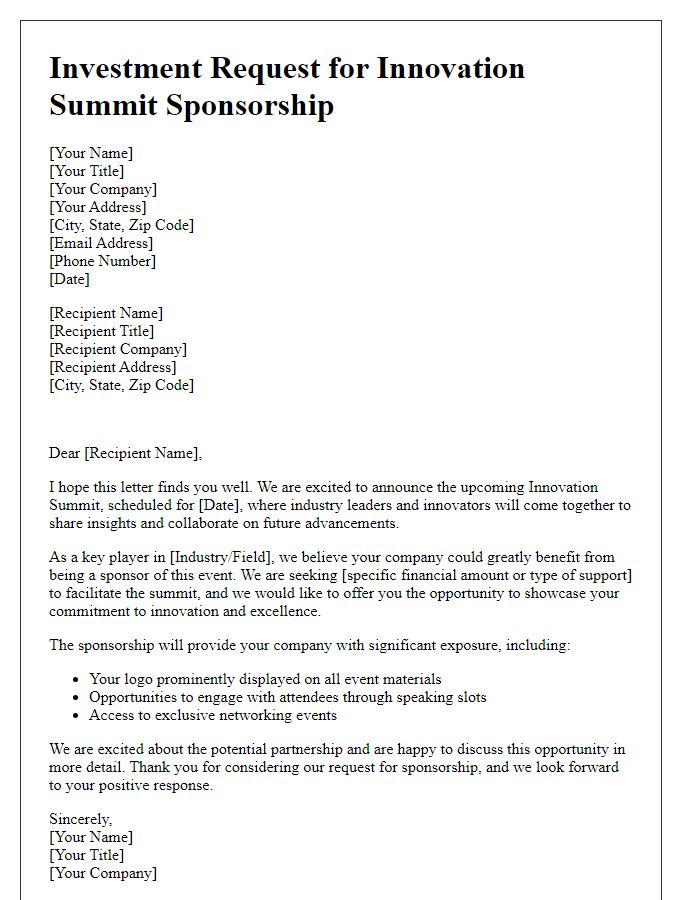 Letter template of investment request for innovation summit sponsorship.