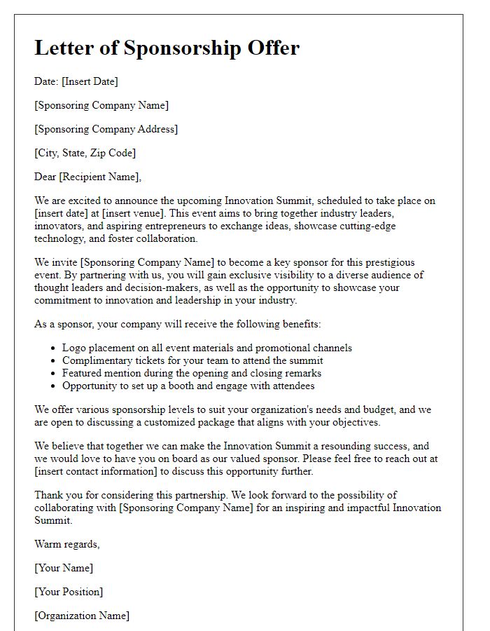 Letter template of sponsorship offer for innovation summit collaboration.